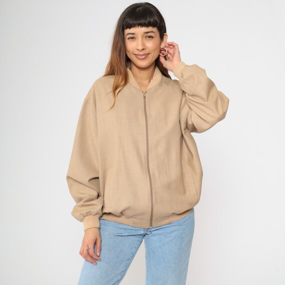 90s Windbreaker Tan Zip Up Bomber Jacket Plain Baseball Retro Track Jacket Normcore Light Vintage 1990s Men's Large L