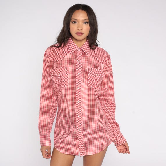 80s Red Gingham Western Shirt Pearl Snap Long Sleeve Plaid Cowboy Style Rodeo Checkered Button Front Country Core Cowgirl Ranch Medium M