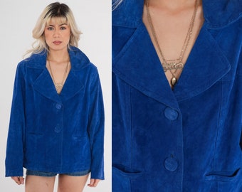 Royal Blue Suede Jacket 00s Chicos Leather Jacket Vintage Y2K Button Up Jewel Tone V Neck Fall Jacket Bohemian Oversized Extra Small xs