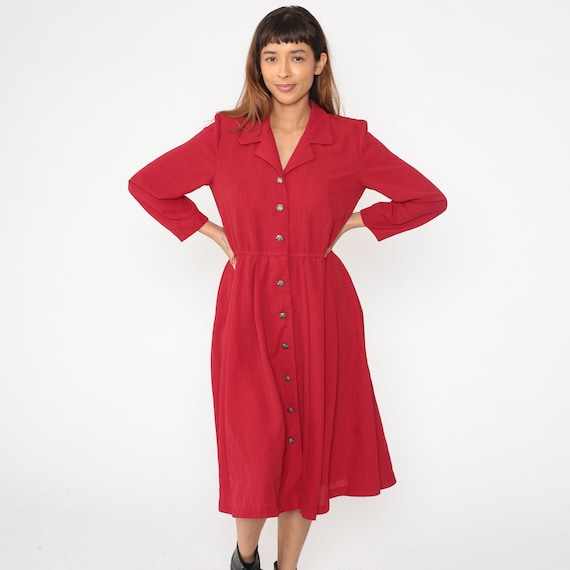 Red Button Up Dress Midi Dress 90s Shirtdress Plain Vintage 1990s Long Sleeve Collared High Elastic Waist Dress Solid Medium 8 Petite
