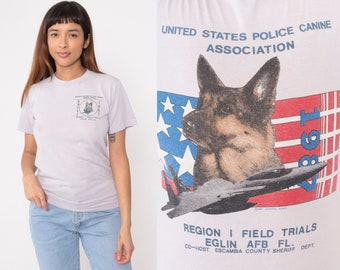 1987 Police Dog Shirt 80s United States Police Canine Association T-Shirt Graphic Tee Cops TShirt Single Stitch Grey Vintage 1980s Small