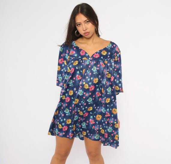 90s Blue Floral Mini Lounge Tunic Dress Flutter Sleeve Sweetheart Neck Babydoll Pink Yellow Flower Cottagecore Summer Shirt Plus Size 4X