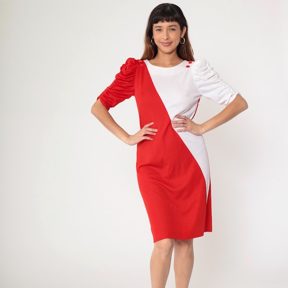 Vintage Color Block Dress 80s Red White Midi Ruched Puff Sleeve Dress 1980s Knee Length Sheath Button Shoulder Secretary Small S