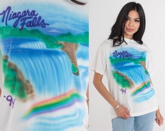 Niagara Falls Shirt 90s Airbrush T-Shirt Rainbow Waterfall Graphic Tee Tourist Travel USA Canada TShirt Single Stitch Vintage 1990s Large L