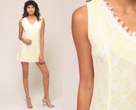 Micro Mini Dress Lace Dress 70s Twiggy Shift Pastel Yellow White Tunic Top Go Go Sleeveless Vintage 1970s Gogo Minidress Small