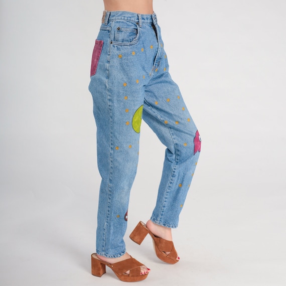 90s Pac-Man Jeans Vintage Tapered Jeans Mom Hand Painted High Waist Jeans 1990s High Waisted Denim Pants Blue Retro Vtg Denim Small 27