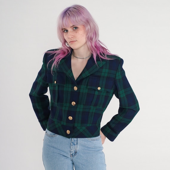 90s Plaid Blazer Jacket Cropped Blue Green Wool Jacket Checkered Print Preppy 1990s Vintage Tartan Dark Academia Military Button Up Small 6