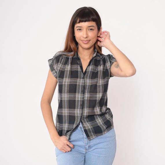 90s Plaid Shirt Black White Checkered Short Sleeve Vintage Grunge Flannel Style Blouse Top Relaxed Fit Collar Cuffed Lightweight Small S