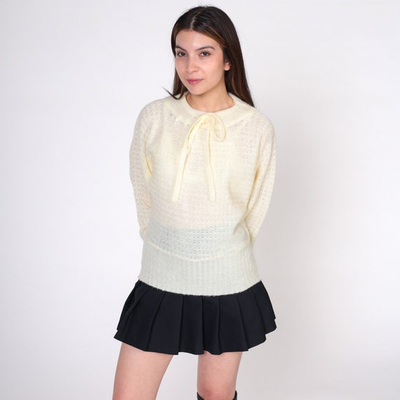 Cream Pointelle Sweater 80s Cutout Sweater Knit Pullover Bow Necktie Semi-Sheer Retro Boho Hippie 1980s Sweater Vintage Cut Out Small