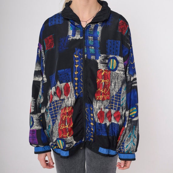 90s Patchwork Windbreaker Black Checkered Abstrac… - image 9