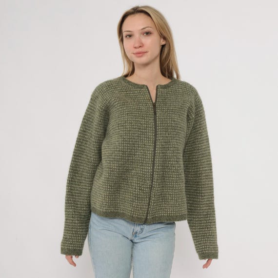 Y2K Woolrich Green Cream Textured Wool Zip Up Sweater Crew Neck Long Sleeve Cropped Knit Cardigan Olive Sage Outdoor Extra Large XL
