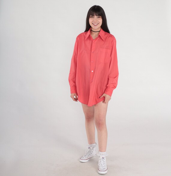 70s Button Up Shirt Coral Pink Long Sleeve Collar… - image 3