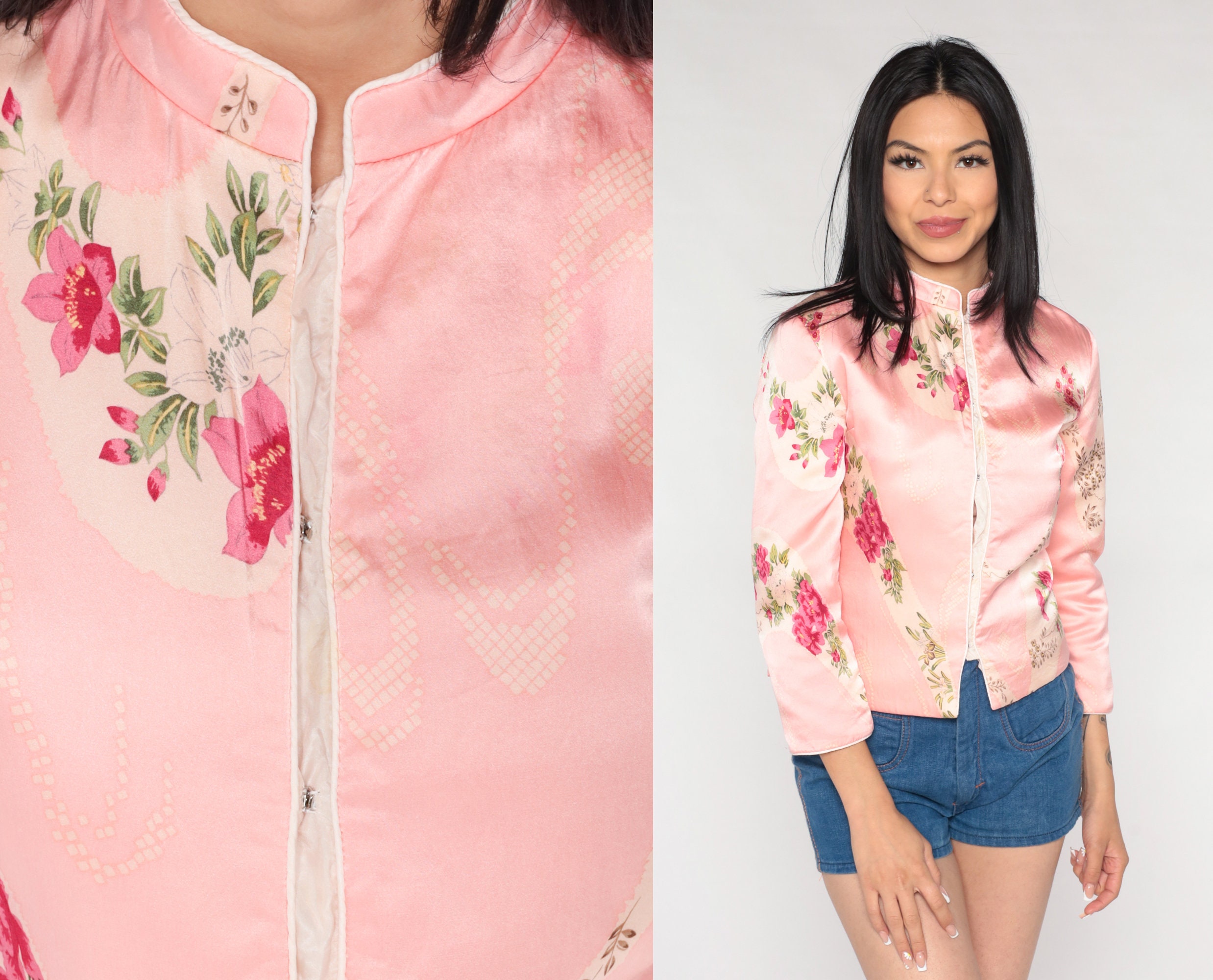 Silk Floral Jacket Pink Mandarin Collar Jacket Asian Jacket Boho Frog