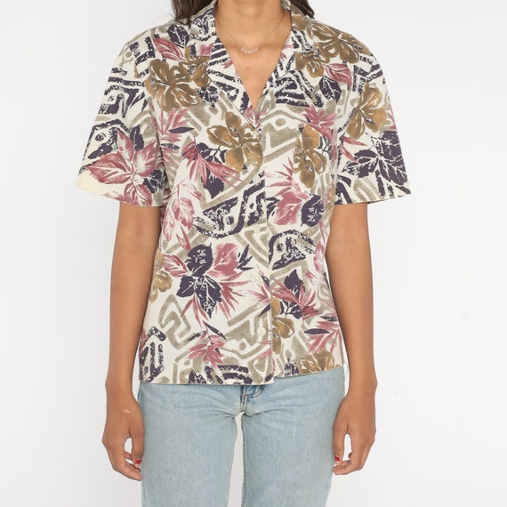 Tropical Floral Blouse 80s Button Up Shirt Off-Wh… - image 6