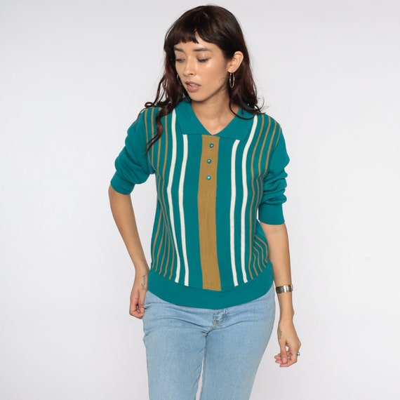 Striped Polo Sweater Teal Striped Sweater 80s Nec… - image 4