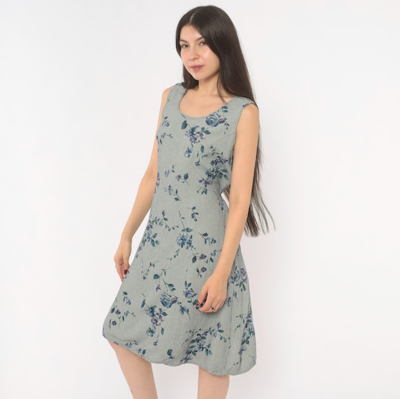 90s Floral Sundress Blue Rose Print Sleeveless Scoop Neck Knee Length A Line Tie Back Waist Gray Gingham Check Frock Medium M