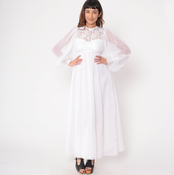 Vintage 70s White Gown Long Lace Bridal Maxi Dress Sheer Puff Balloon Sleeve Sweetheart Illusion Neckline Boho Wedding 1970s Extra Small xs