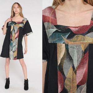 90s Grunge Dress Boho Black Leaf Print Mini Caftan Dress Retro Tent Dress Hippie Short Sleeve Bohemian Festival Vintage 1990s Plus 3xl xxxl image 1