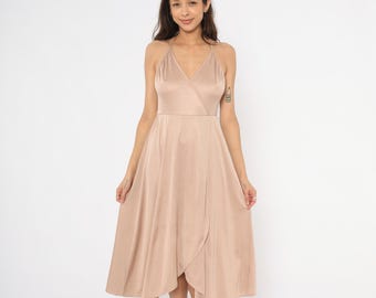 Vestido halter nude de los años 70, largo midi cruzado, escote en V, bajo tulipán, cuello con lazo, falda color canela, estilo disco era coqueta, balletcore, malva empolvado, talla M