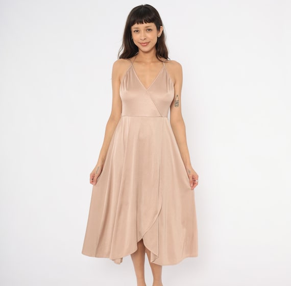 70s Nude Halter Dress Wrap Front Midi Surplice Neckline Tulip Hem Tie Neck Tan Skirt Disco Era Coquette Balletcore Dusty Mauve Medium M