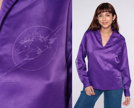 70s Purple Horse Polo Shirt Long Sleeve Hawaii Tropical Vintage Violet Pullover Collar Hawaiian Mustang Lightning Bolt Satin Small S