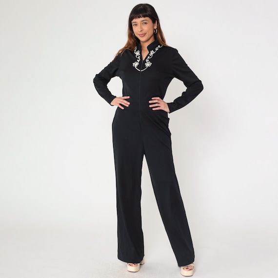 70s Black Straight Leg Jumpsuit Vintage Party Outfit White Floral Soutache Pantsuit Long Sleeve Romper Front Zip Up 1970s Retro Medium Large