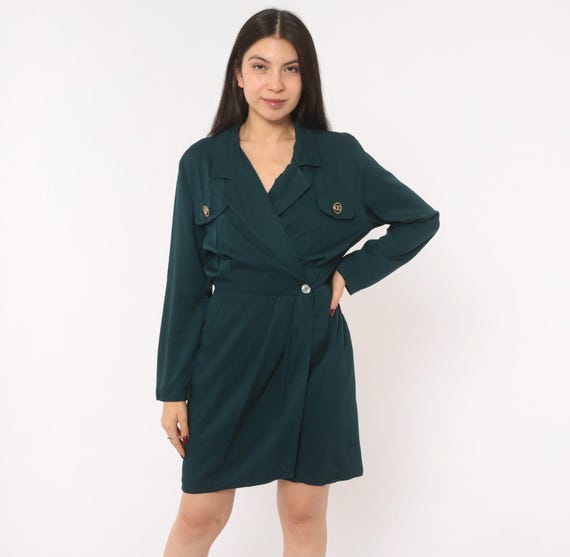 90s Teal Wrap Dress Gold Button Chest Pocket Notched Collar Long Sleeve Knee Length Forest Green Utility Military Style Vintage Small S