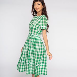 1960s Plaid Dress Green White Buffalo Plaid Dress Lace Ribbon Trim Checkered 60s Midi Tartan Dress Fit and Flare Party Vintage Small S image 4