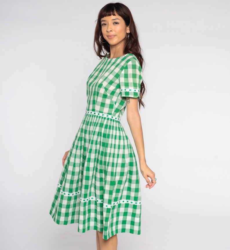 1960s Plaid Dress Green White Buffalo Plaid Dress Lace Ribbon Trim Checkered 60s Midi Tartan Dress Fit and Flare Party Vintage Small S image 4