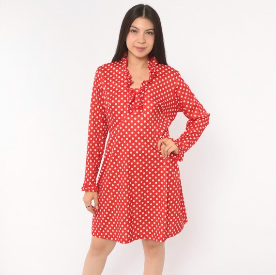 Polka Dot Ruffle Dress 70s Red White Long Sleeve V Neck Frock Feminine Cherry Spotted Print Rockabilly Pin Up Summer Beach Vintage Large L
