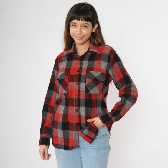 Vintage Buffalo Plaid Shirt 70s Wool Blend Flannel Red Grey Black Lumberjack Button Up Long Sleeve 1970s Men's 15-15 1/2 Medium M