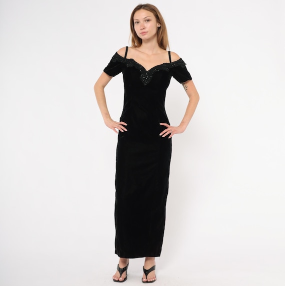 Beaded Lace Velvet Gown 90s Off Shoulder Dress Black Evening Sweetheart Neckline Spaghetti Strap Fitted Formal Prom Party Extra Small XS