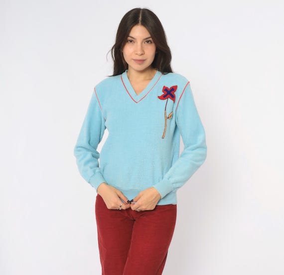 70s Light Blue Sweatshirt Flower Embroidered V Neck Pastel Red Piping Terry Cotton Long Sleeve Ribbed Cuff Cottagecore Women Vintage Small S