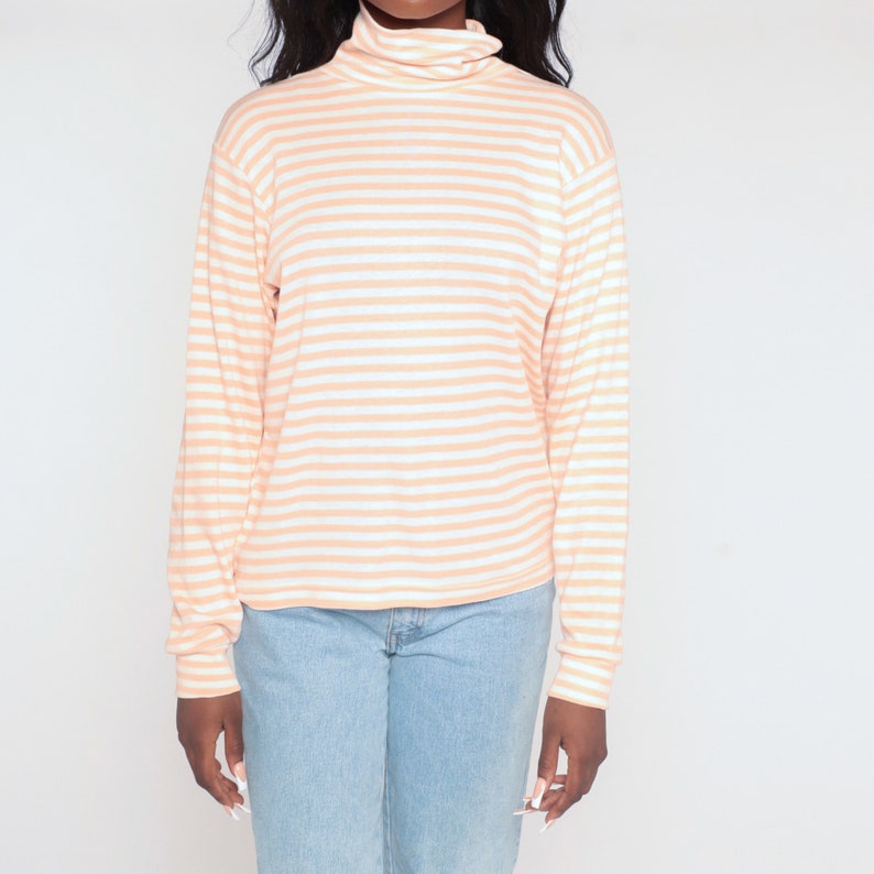 Striped Turtleneck Shirt 80s Long Sleeve Top Retro Basic Hipster Turtle Neck Pullover Simple Casual Blouse White Peach Vintage 1980s Large L image 6