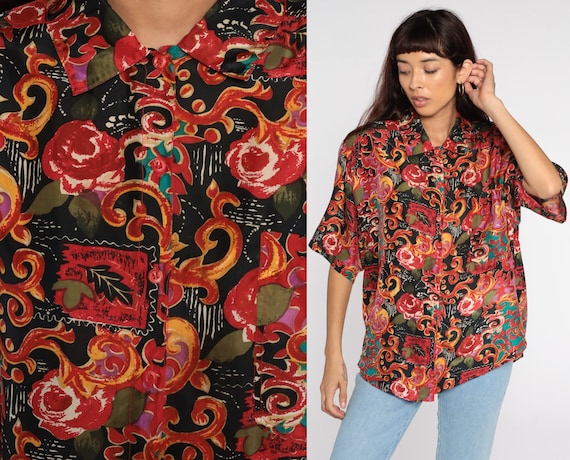 SILK Baroque Shirt 90s Black Red Rose Floral Abst… - image 1