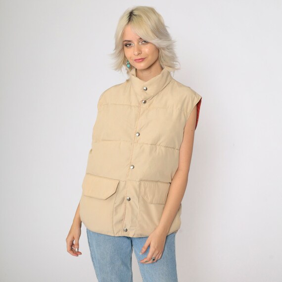 Tan Puffer Vest 80s Ski Vest Puffy Sleeveless Jacket Snap Up Down Fill Skiwear Retro Winter Vintage 1980s Trailwear Vest Medium