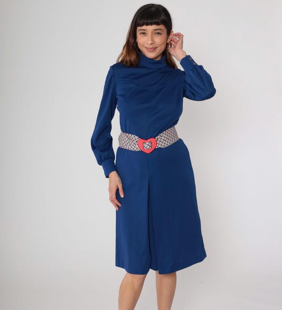 70s Midi Dress Turtleneck Navy Blue Polyester Long Sleeve Vintage Geometric Belt Red Heart Buckle Bishop Sleeve Western Yoke  Medium M