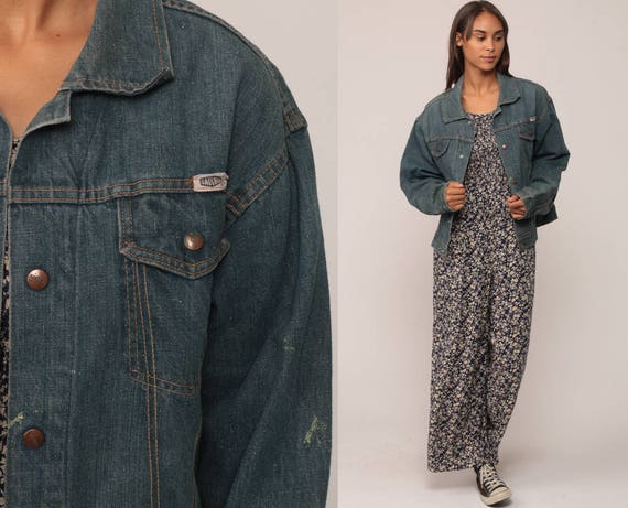 60s Jean Jacket GAUCHOS Denim Jacket Coat Biker 1960s Blue Trucker Jacket Vintage Hipster Oversize Retro Boyfriend Medium