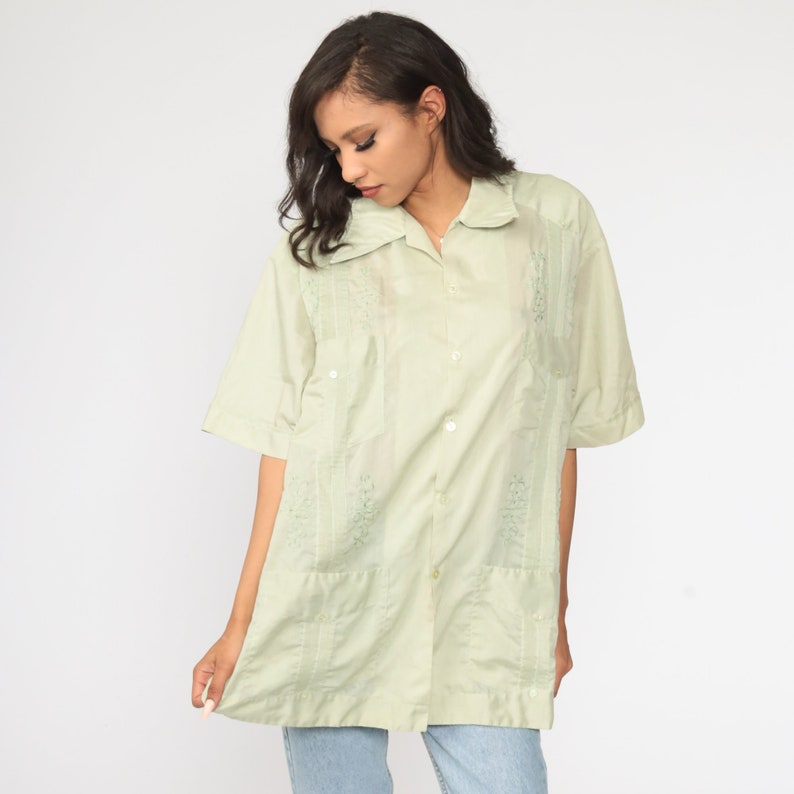 70s Oxford Shirt 2xl EMBROIDERED Shirt Light Green Shirt Cargo Pocket Button Up Shirt Short Sleeve 1970s Vintage Dagger Collar Men/'s xxl
