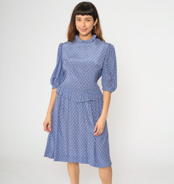 Vintage Blue Diamond Midi Dress 80s Stripe Print Peplum Low Waist Puff Sleeve High Neck 1980s Secretary Dress Tie Back Pocket Medium M