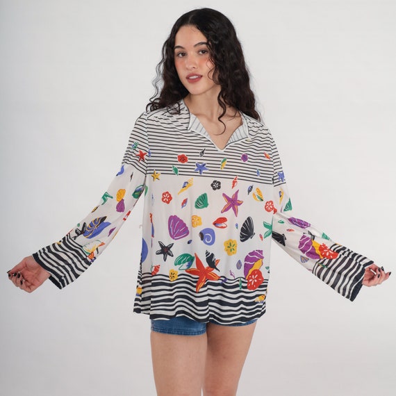 70s Seashell Blouse Beach Shell Starfish Print Top Boho Striped 1970s Hippie Novelty Vintage Keyhole Long Sleeve Black White Medium Large