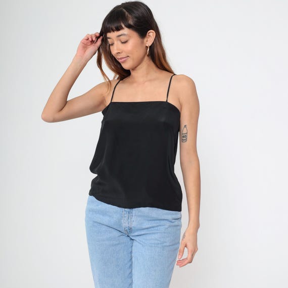 Black Silk Camisole 90sTank Top Straight Cut Minimalist Vintage Slip Top French Luxury Classic Evening Wear Professional Style Chic Medium M