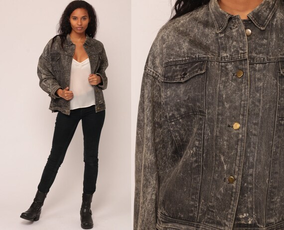 Denim Jacket Grey Jean Jacket ACID Wash Trucker Gray Grunge Biker Vintage Button Up 1980s Hipster Collared Retro Extra Large xl