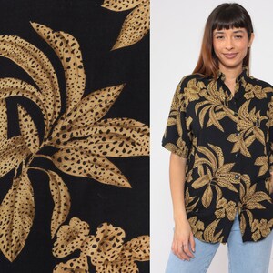 Tropical Floral Blouse 90s Button Up Shirt Black Cheetah Animal Print Flower Leaf Top Summer Short Sleeve Botanical Vintage 1990s Small S image 1