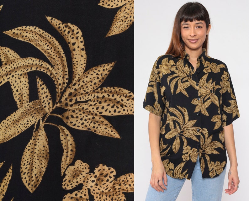 Tropical Floral Blouse 90s Button Up Shirt Black Cheetah Animal Print Flower Leaf Top Summer Short Sleeve Botanical Vintage 1990s Small S image 1