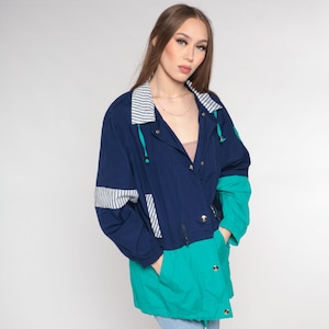 Blue Windbreaker Jacket 90s Teal Color Block Coat Cotton Blend Jacket Drawstring Hem Plain Lightweight Vintage 1990s Small Medium