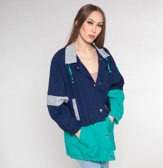 Blue Windbreaker Jacket 90s Teal Color Block Coat Cotton Blend Jacket Drawstring Hem Plain Lightweight Vintage 1990s Small Medium
