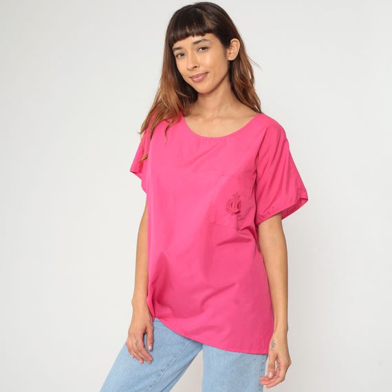 Hot Pink Oversized Top 90s Y2K Bright Short Sleeve Vintage Minimalist Tunic Casual Wear Summer Shirt Relaxed Fit Extra Large 2XL XXL