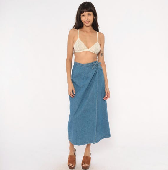 90s Denim Wrap Skirt Midi Length Tie Waist Cotton Jean Side Button Blue Chambray Casual Summer Spring Americana Vintage Extra Small XS