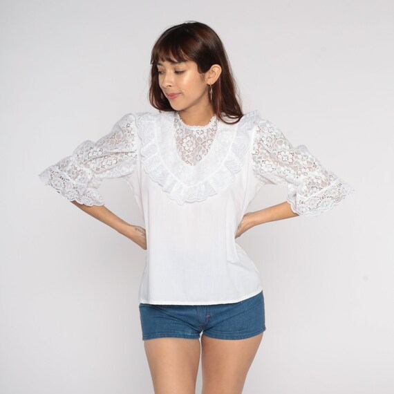 White Lace Bib Blouse 80s Puff Sleeve Blouse Victorian Shirt Retro Cottagecore Lolita Ruffle Romantic Feminine Retro Vintage 1980s Medium